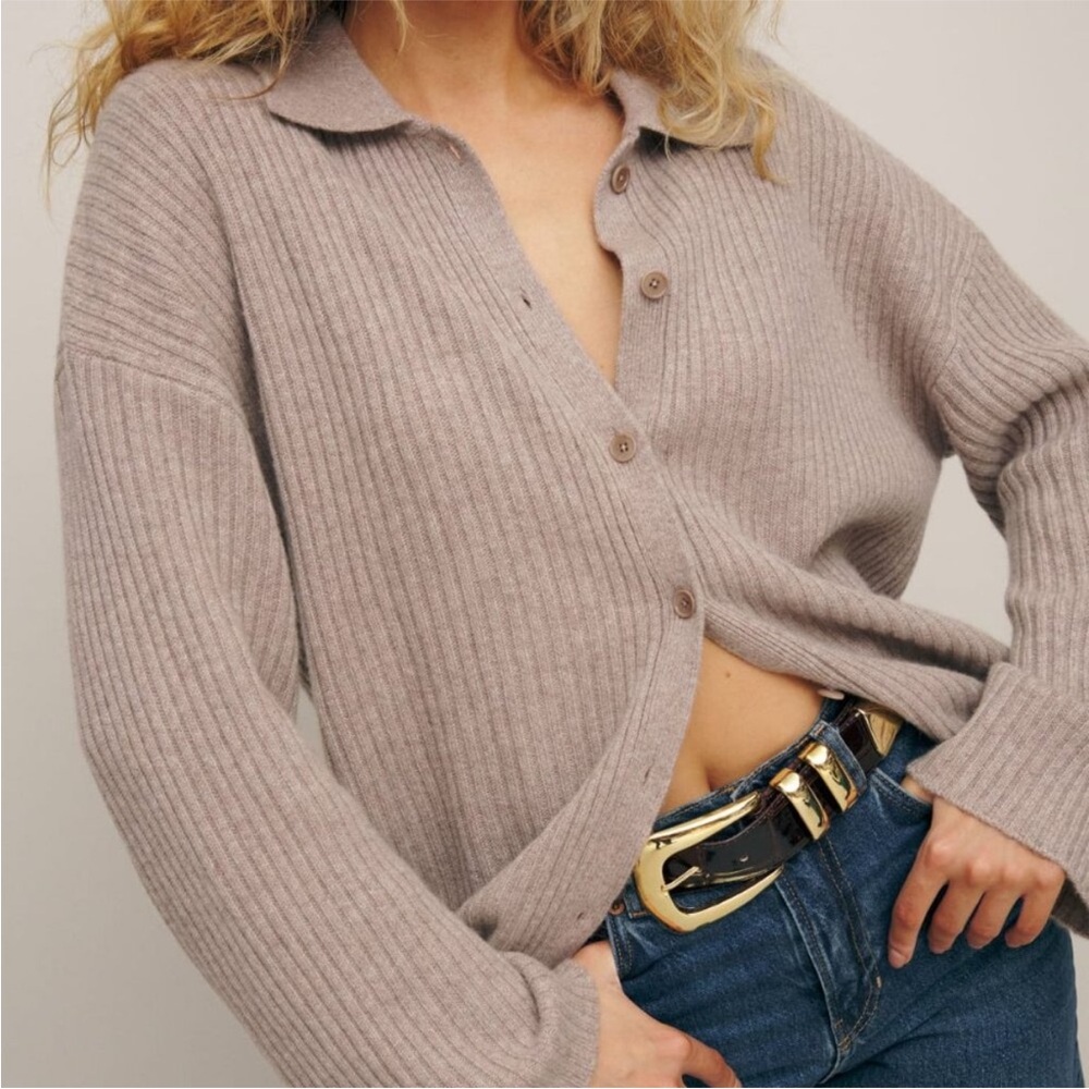 Reformation Fantino Cashmere Collared Cardigan, Oatmeal, S - Picture 2 of 9